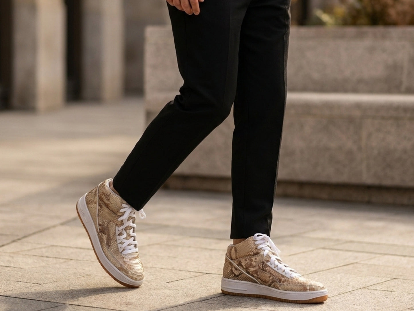 Beige Python Snakeskin Leather High-Top Sneakers
