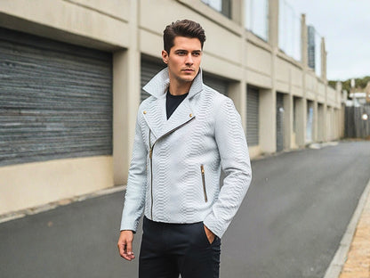 White Python Snakeskin Biker Jacket: Genuine Exotic Leather