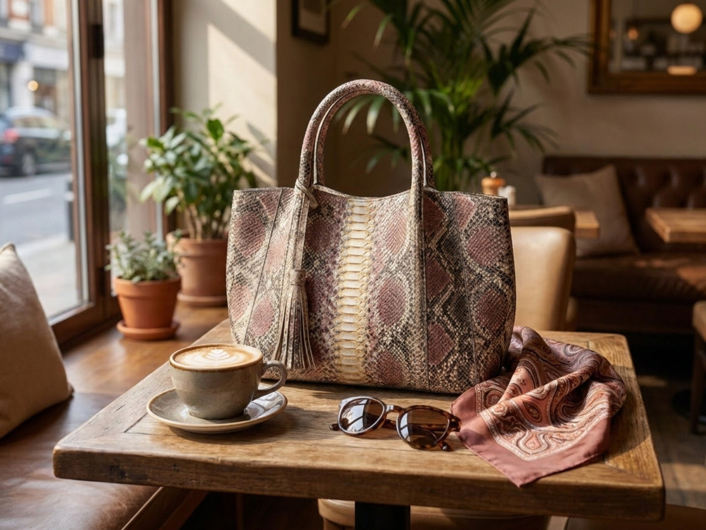 Antique Pink Python Snakeskin Tote Leather Bag