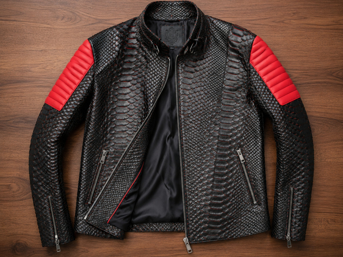 Python Snakeskin Leather Jacket: Quilted Sleeves - LFM Fashion International LLC