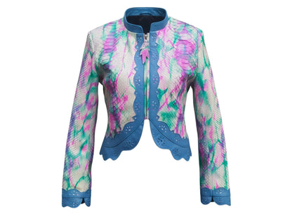 Tie Dye Python Snakeskin Leather Jacket: Genuine Exotic Leather Cropped Blazer with Blue Trim