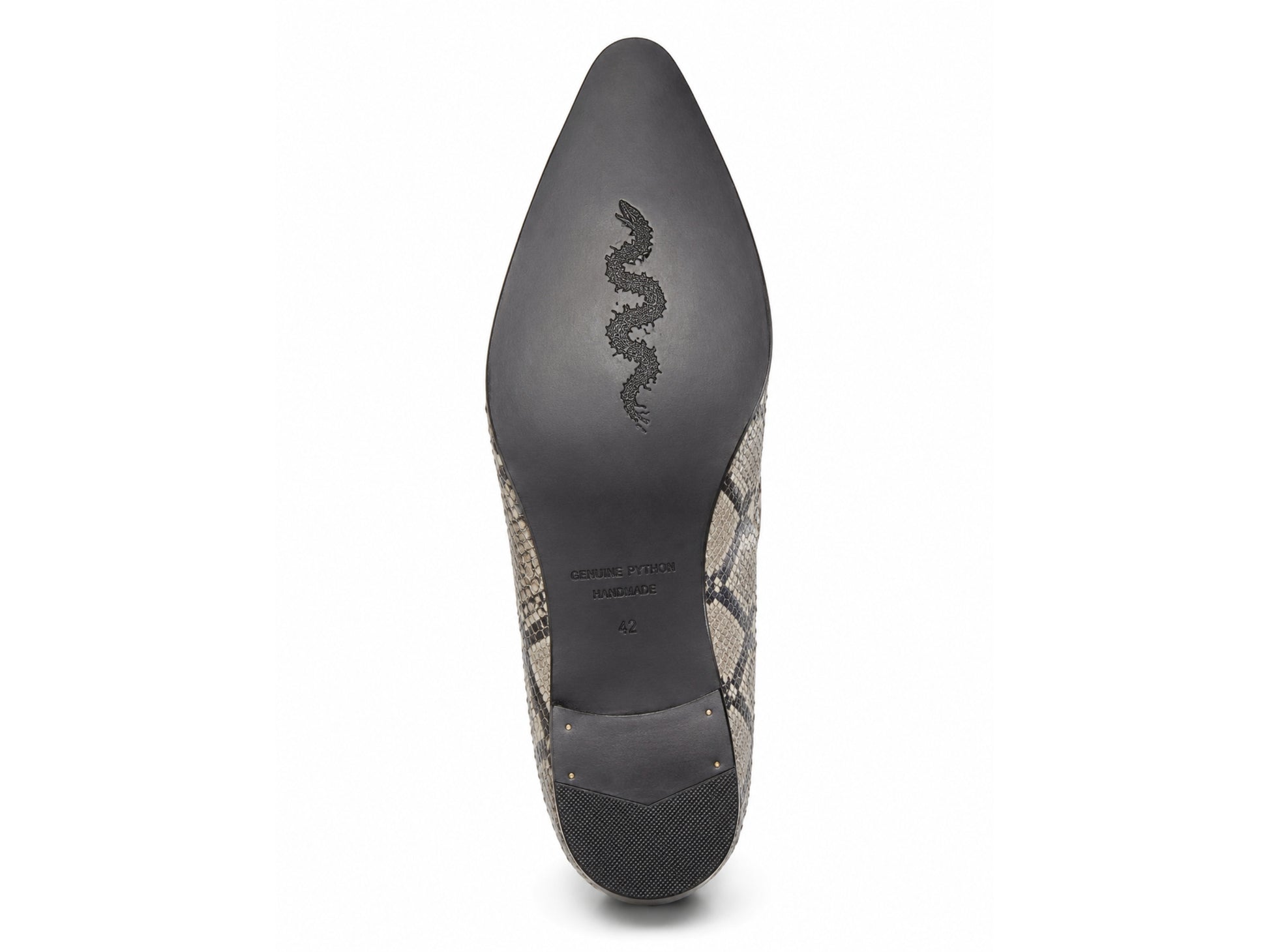 Bottom view of genuine python snakeskin dress shoe with black leather sole