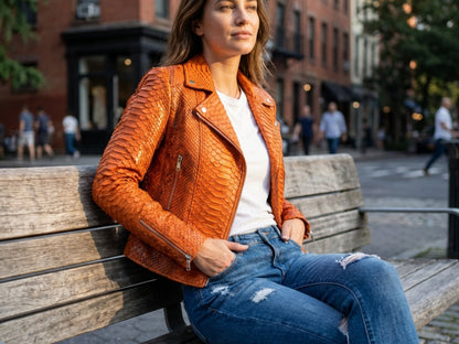 Model wearing a Genuine Python Snakeskin Leather Biker Jacket in Burnt Orange while sitting on a bench.