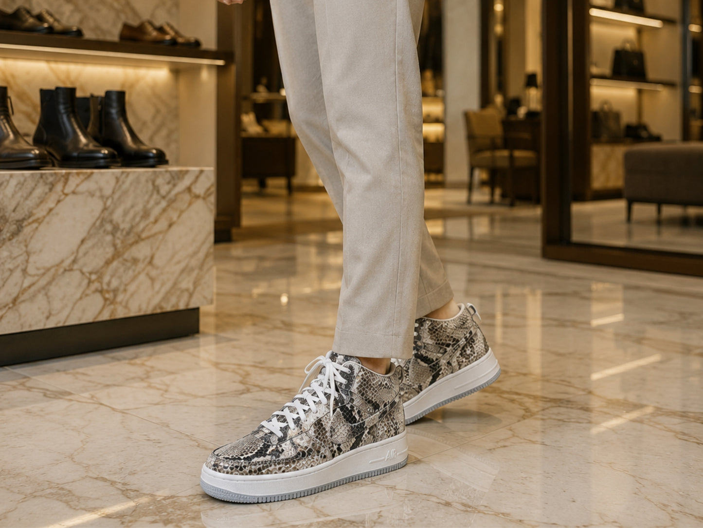 Natural Gray Python Snakeskin Leather High-Top Sneakers