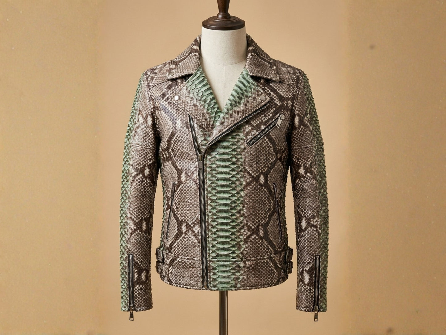 Genuine Python Snakeskin Leather Biker Jacket: Natural Gray with Green Gradation