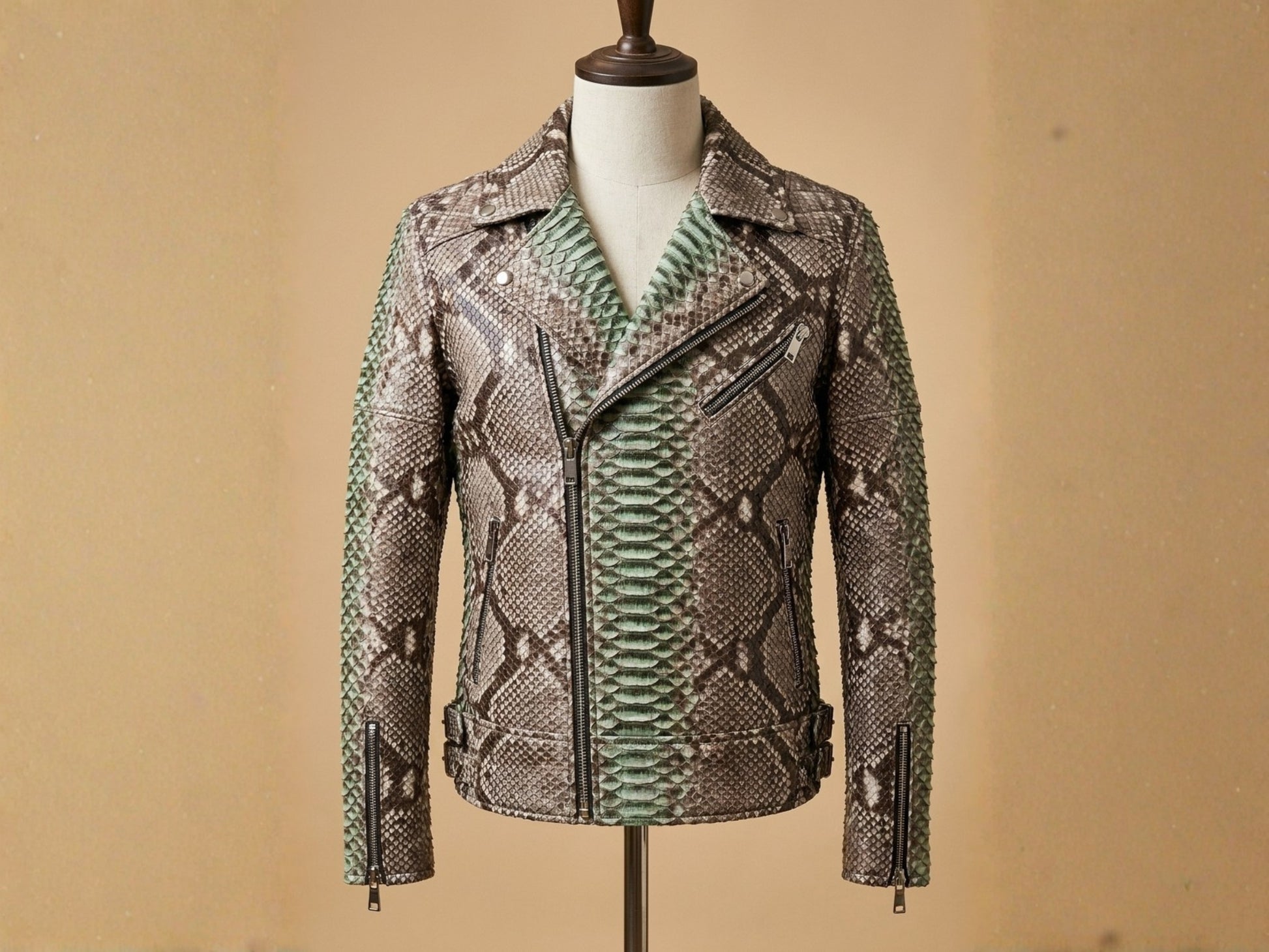 Genuine Python Snakeskin Leather Biker Jacket: Natural Gray with Green Gradation