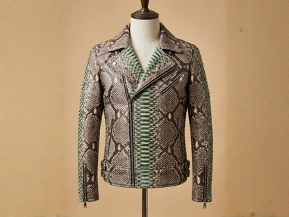Genuine Python Snakeskin Leather Biker Jacket: Natural Gray with Green Gradation