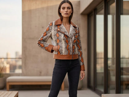 Python Snakeskin Biker Leather Jacket: Multi-Color Orange
