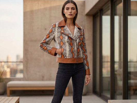 Python Snakeskin Biker Leather Jacket: Multi-Color Orange