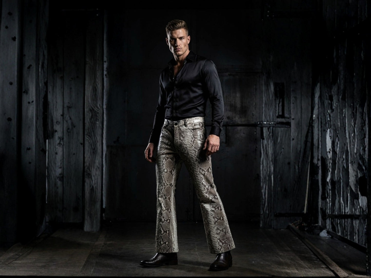Men Snakeskin Flared Pants
