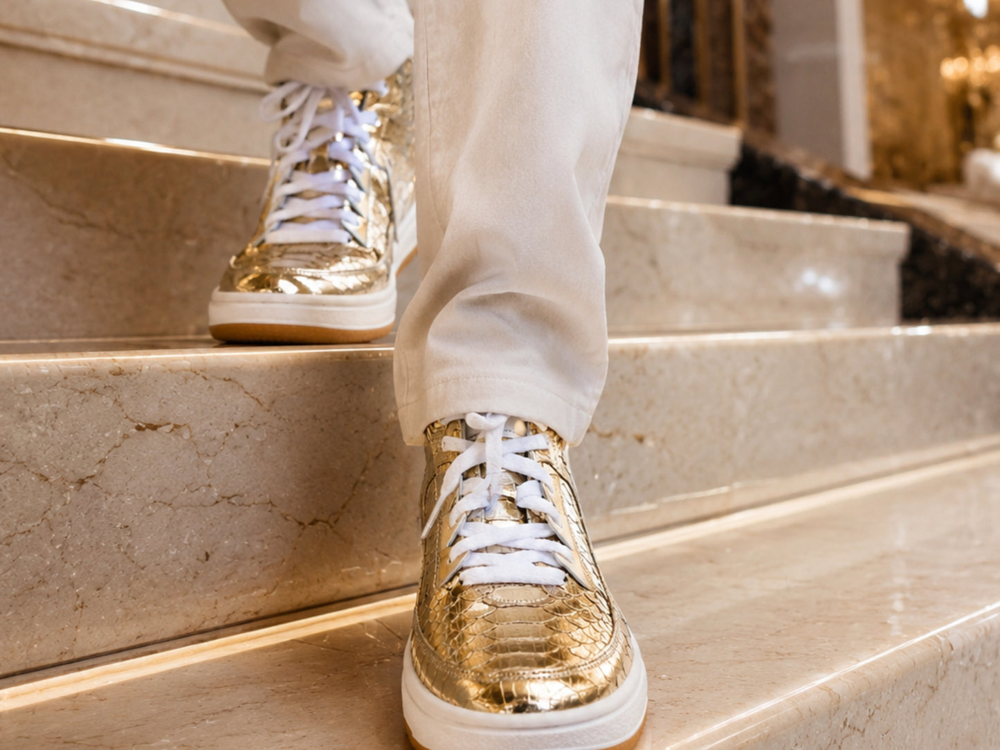 Gold Python Snakeskin Leather High-Top Sneakers