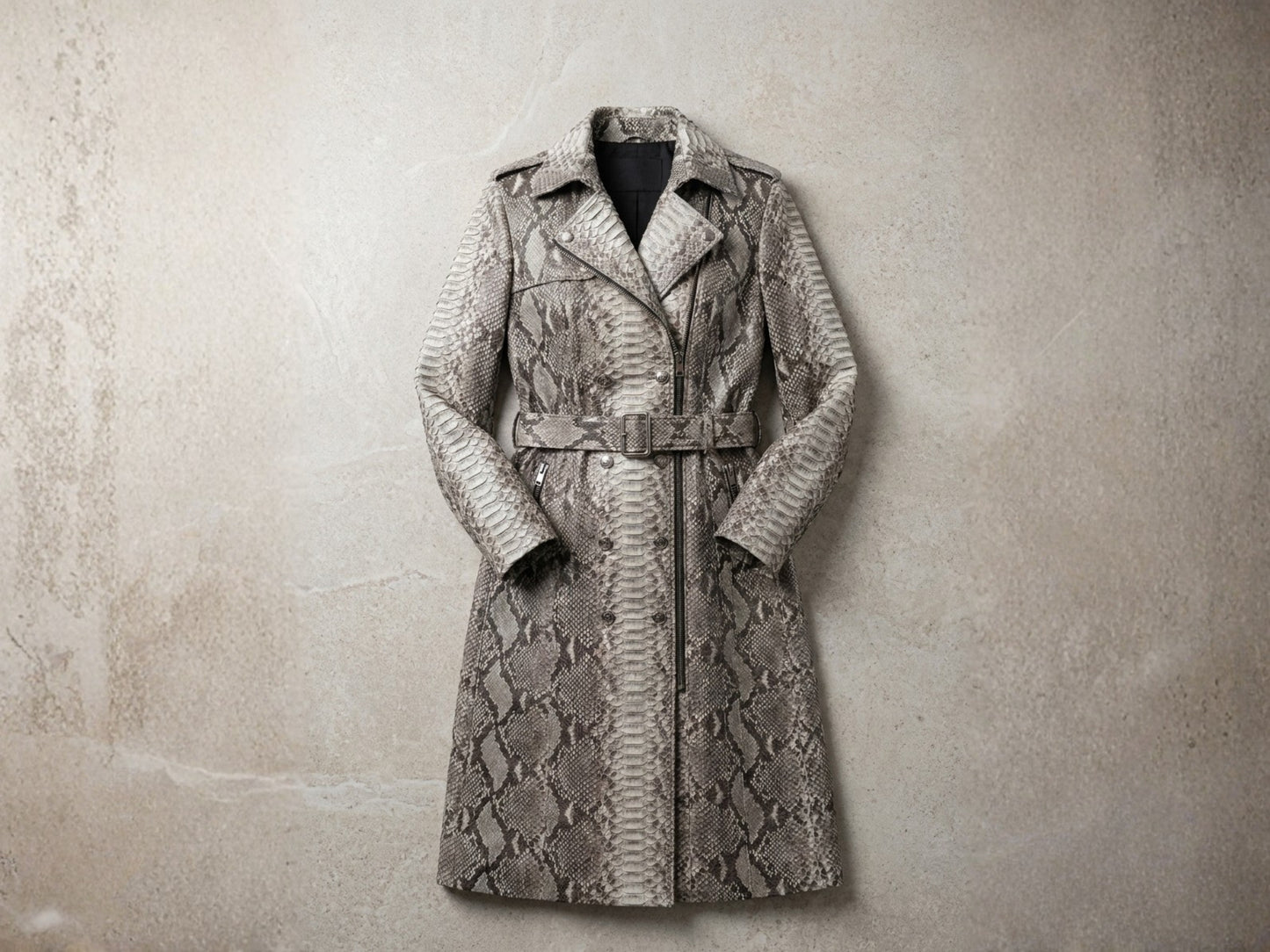 Gray Python Snakeskin Women Trench Coat