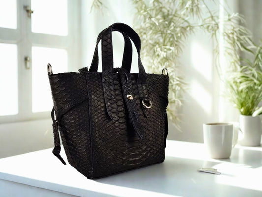 Snakeskin Tote Shoulder Handbag - black