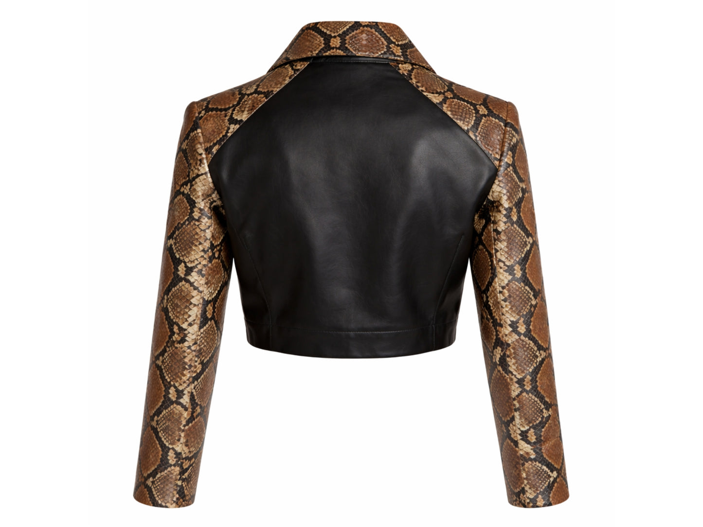 Back view of cropped leather jacket with snakeskin sleeves and black lambskin body