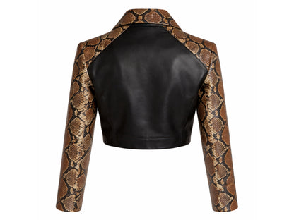 Back view of cropped leather jacket with snakeskin sleeves and black lambskin body