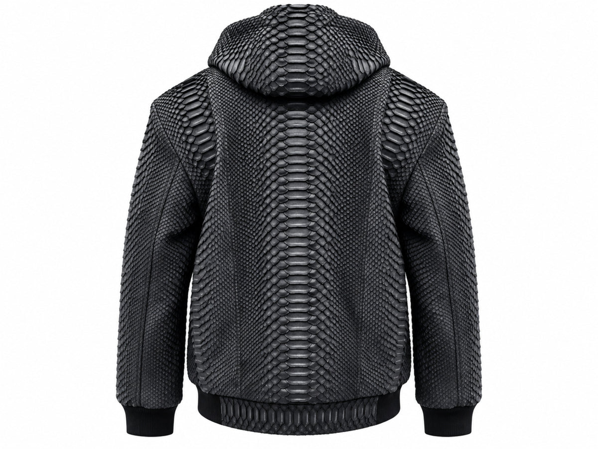 A black hooded jacket with a prominent snakeskin texture, shown from the back against a plain white background.