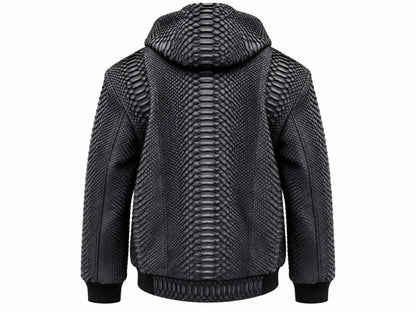 A black hooded jacket with a prominent snakeskin texture, shown from the back against a plain white background.