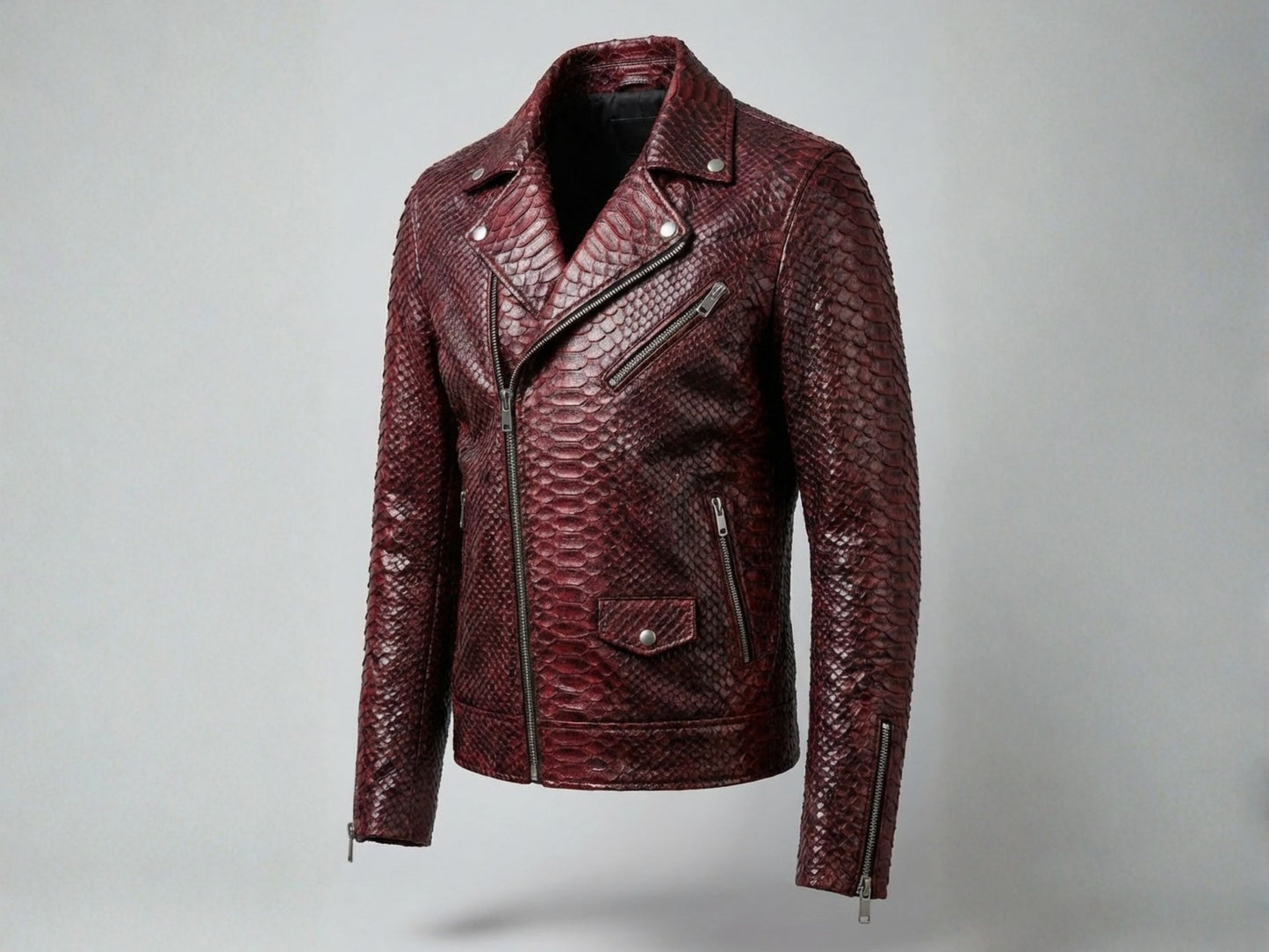 Genuine Python Snakeskin Leather Biker Jacket: Luxury Burgundy Exotic Motorcycle Jacket for Men