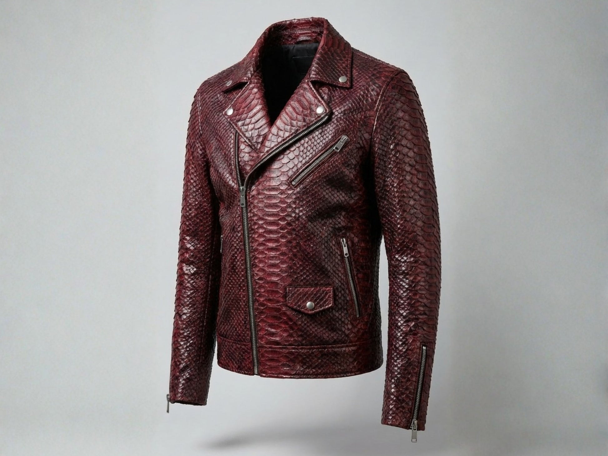 Genuine Python Snakeskin Leather Biker Jacket: Luxury Burgundy Exotic Motorcycle Jacket for Men