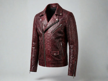 Genuine Python Snakeskin Leather Biker Jacket: Luxury Burgundy Exotic Motorcycle Jacket for Men