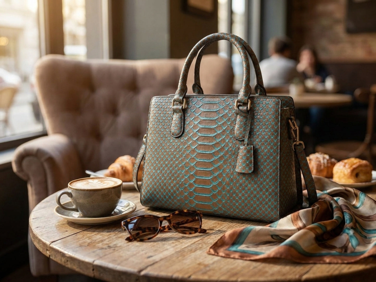 Brown Python Snakeskin Tote Satchel
