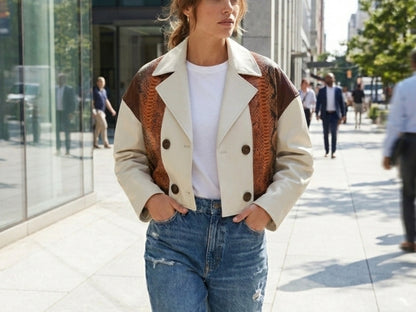Cream Cognac Genuine Python Snakeskin Lambskin Double Breasted Blazer