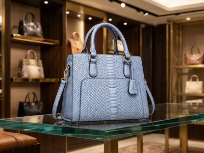 Light Blue Python Snakeskin Leather Satchel Tote