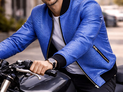 Blue Python Snakeskin Bomber Jacket