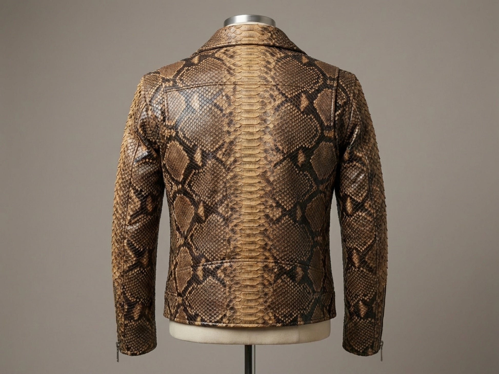 Genuine Python Snakeskin Leather Biker Jacket: Natural Brown Exotic Motorcycle Jacket