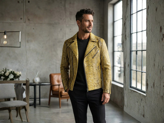 Genuine Python Snakeskin Biker Jacket: Gold Exotic Leather Motorcycle Jacket