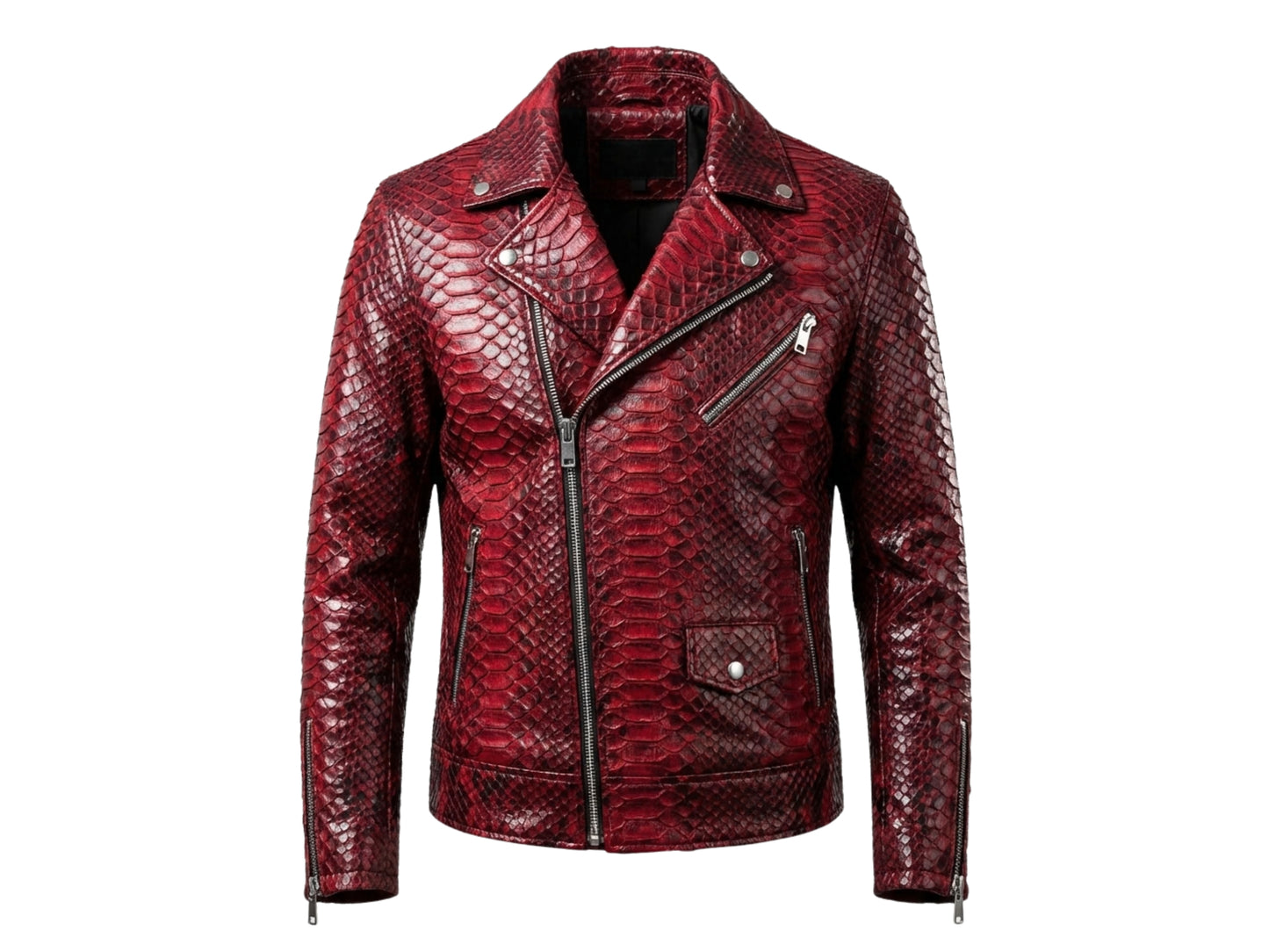 Genuine Python Snakeskin Leather Biker Jacket: Red Exotic Motorcycle Jacket