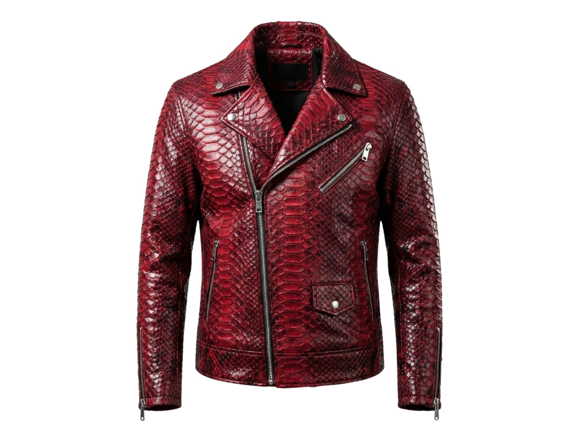 Genuine Python Snakeskin Leather Biker Jacket: Red Exotic Motorcycle Jacket