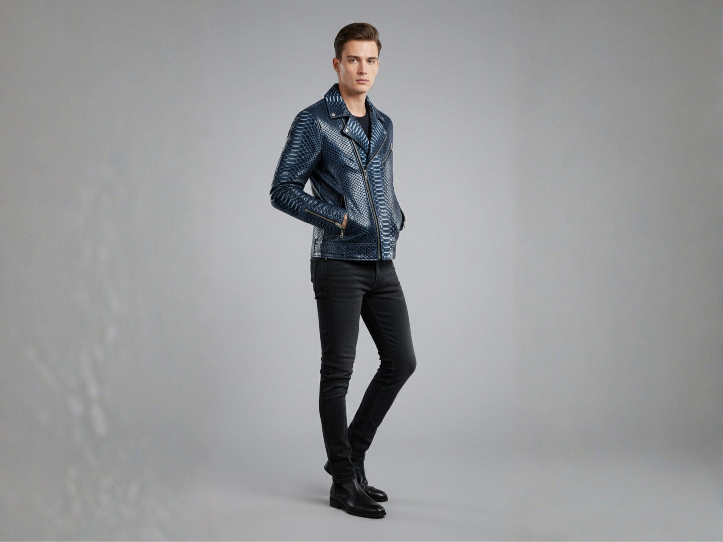 Genuine Python Snakeskin Biker Jacket: Blue Exotic Leather Motorcycle Jacket