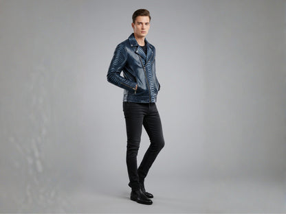 Genuine Python Snakeskin Biker Jacket: Blue Exotic Leather Motorcycle Jacket