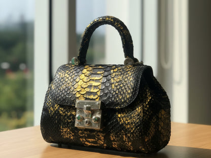 Luxury Genuine Python Snakeskin Handbag: Black & Gold Designer Purse