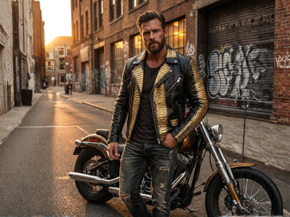 Genuine Python Snakeskin Biker Jacket: Black Gold Exotic Leather Motorcycle Jacket