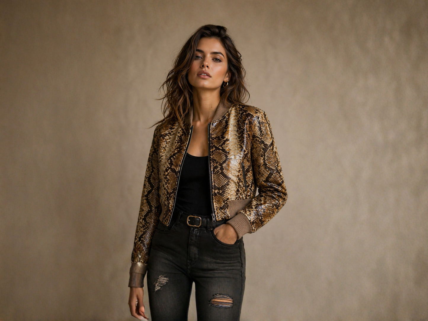 Brown Python Snakeskin Cropped Bomber Jacket