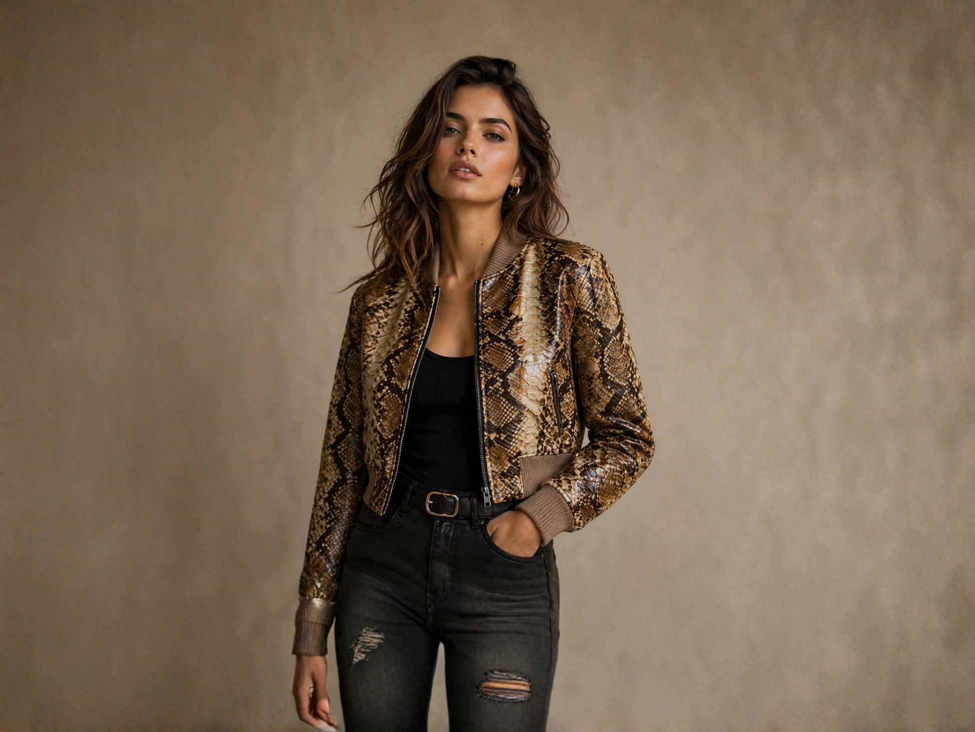 Brown Python Snakeskin Cropped Bomber Jacket