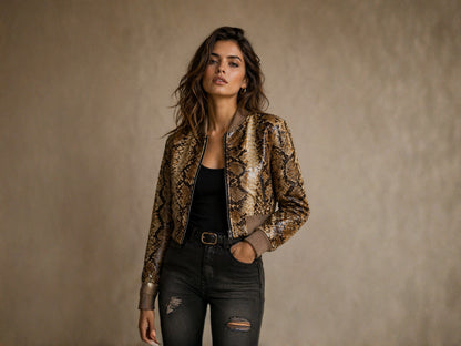 Brown Python Snakeskin Cropped Bomber Jacket