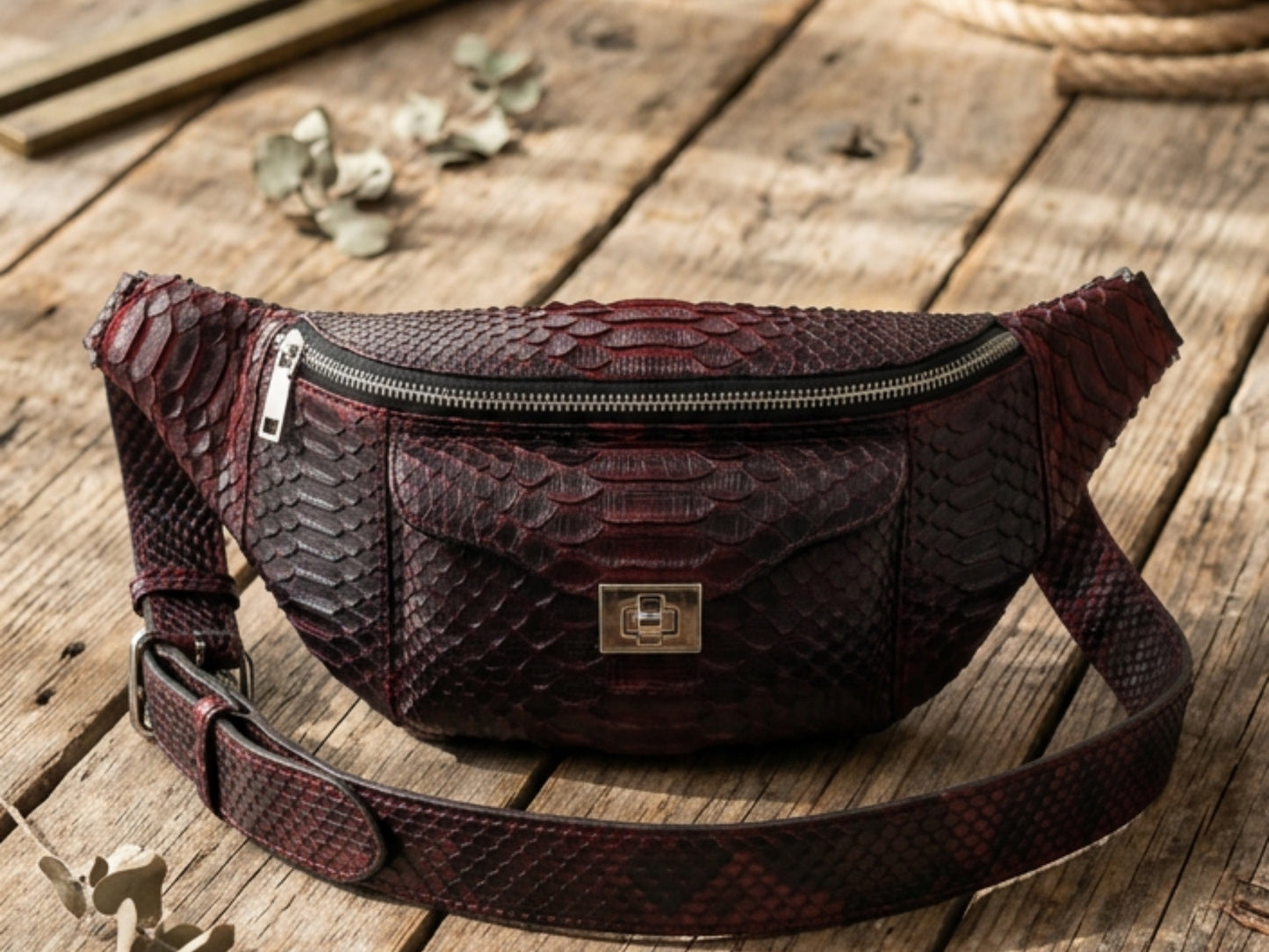 Genuine Python Snakeskin Waist Bag: Black Gradation Red Exotic Leather Fanny Pack