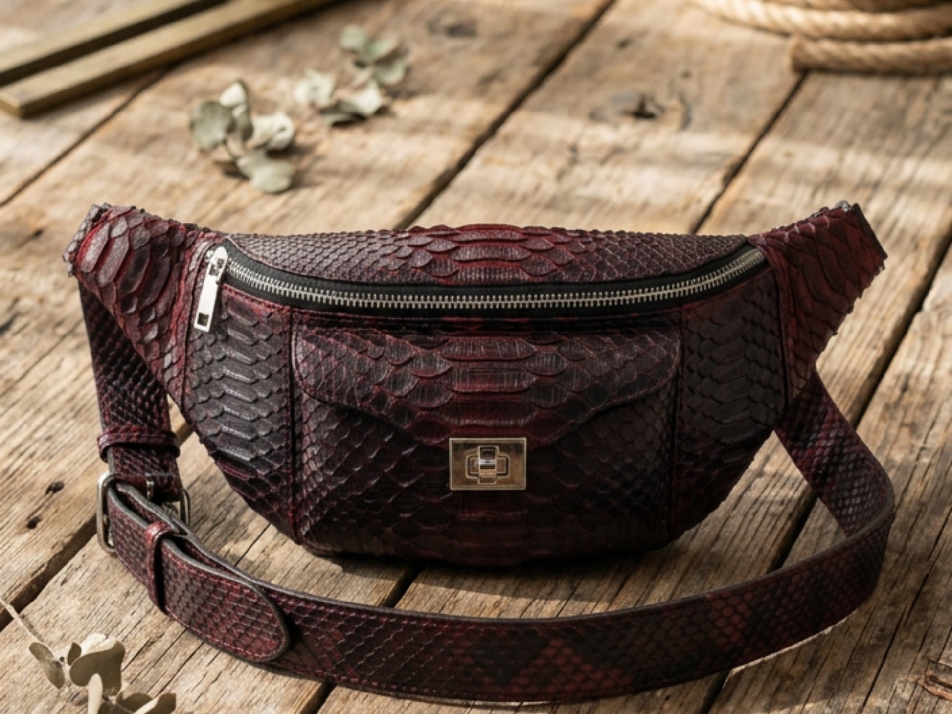 Genuine Python Snakeskin Waist Bag: Black Gradation Red Exotic Leather Fanny Pack