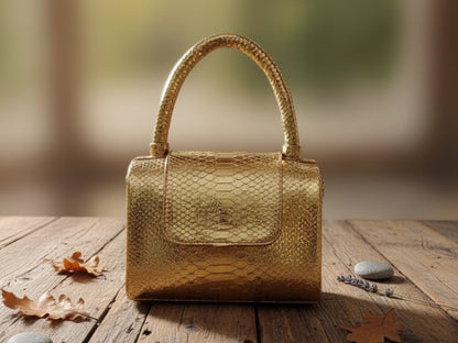 Genuine Python Snakeskin Leather Handbag in Gold