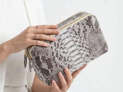 Genuine Python Snakeskin Leather Bag: Double Zipper Travel Case
