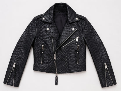 A black textured real snakeskin biker jacket with silver-tone hardware, displayed flat against a light gray background.
