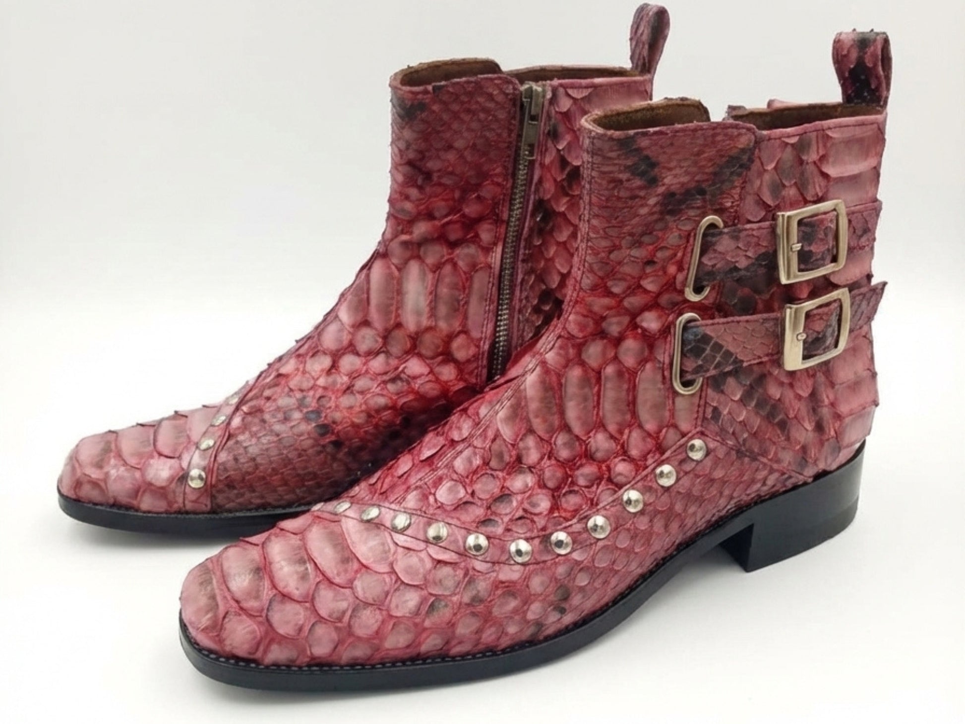 Genuine Python Snakeskin Boots | Unisex Exotic Leather Ankle Boots with Buckle & Stud Design