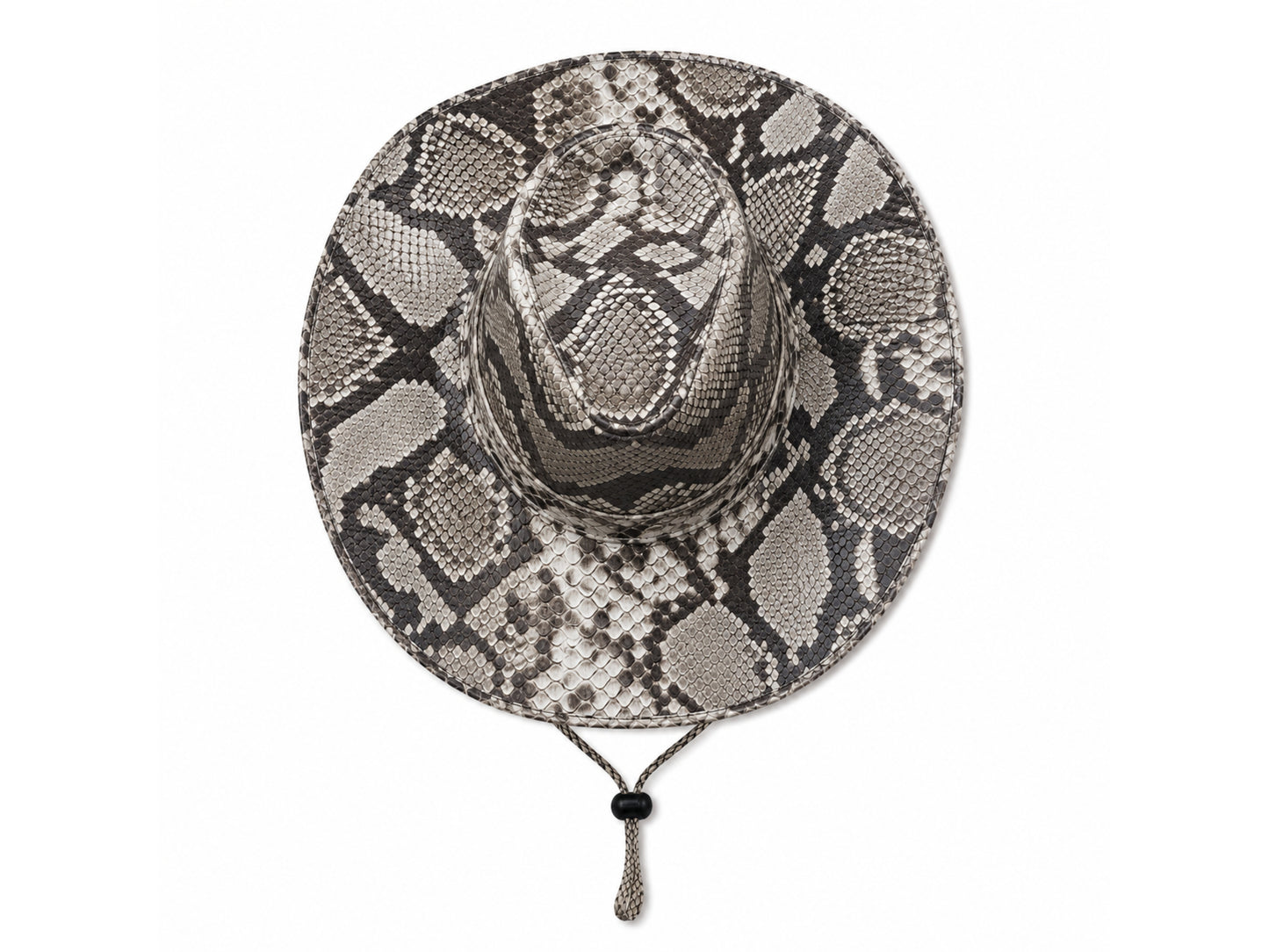 A wide-brimmed sun hat featuring a gray and beige python or snake skin pattern, with a chin strap and tassel detail at the bottom.