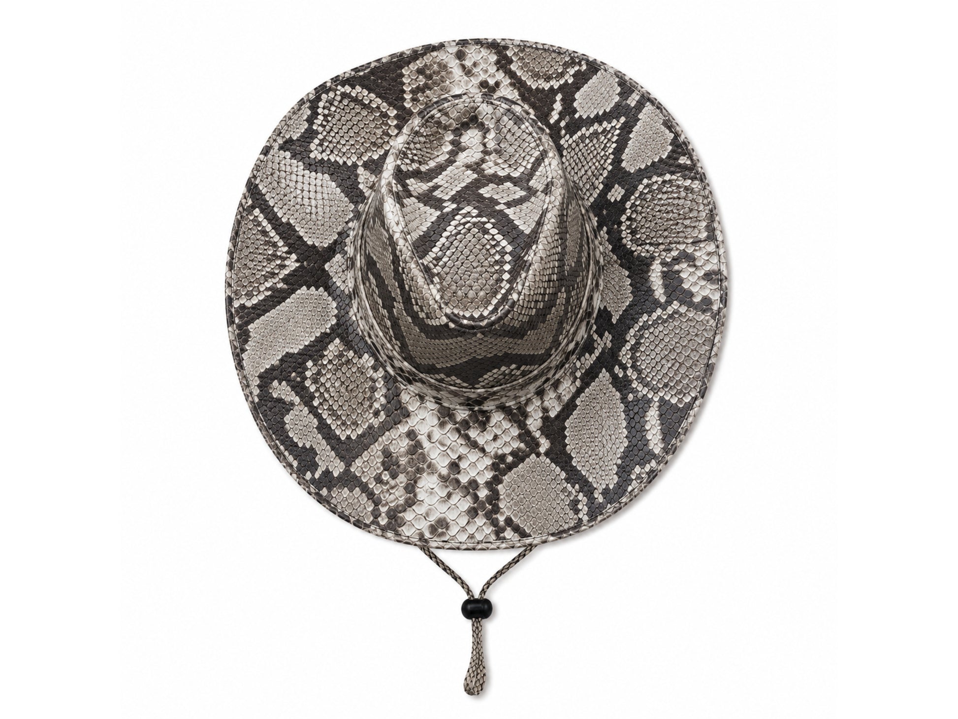 A wide-brimmed sun hat featuring a gray and beige python or snake skin pattern, with a chin strap and tassel detail at the bottom.