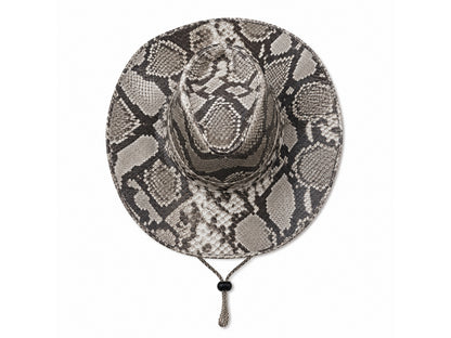 A wide-brimmed sun hat featuring a gray and beige python or snake skin pattern, with a chin strap and tassel detail at the bottom.