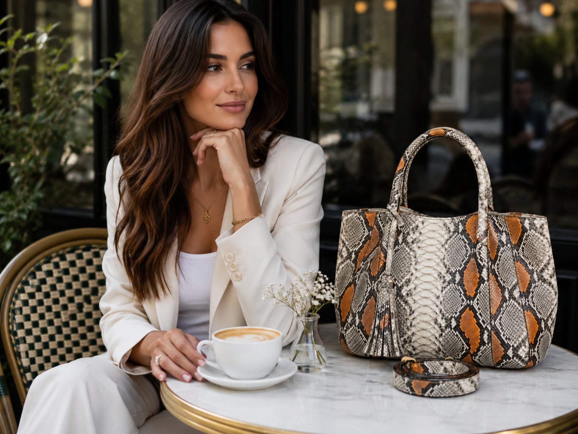 Orange Python Snakeskin Tote Leather Bag