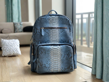 Metallic Blue Genuine Python Snakeskin Backpack: Convertible Laptop Backpacks